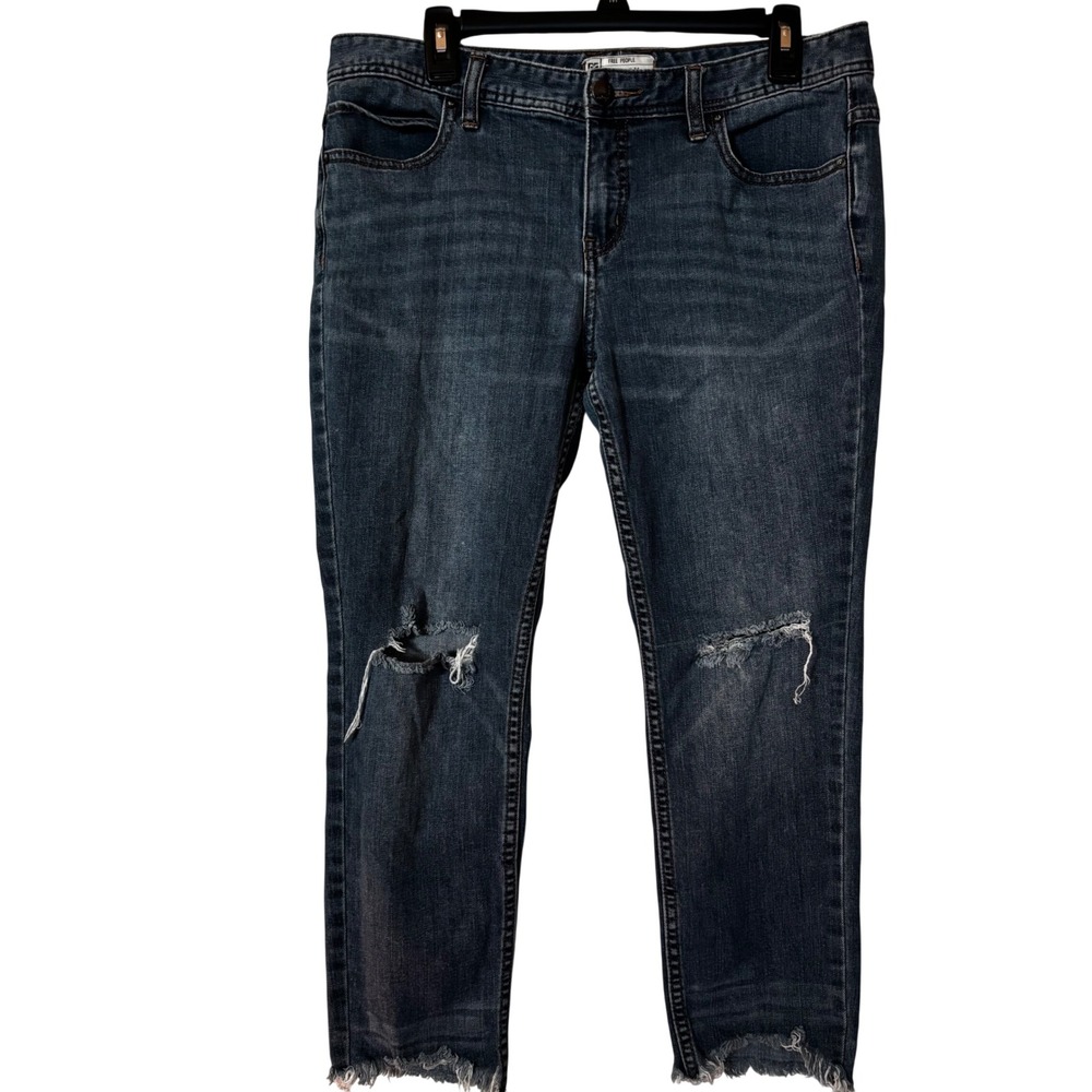 Free People Women's Jeans Size 31 Blue Distressed Raw Hem Skinny Denim